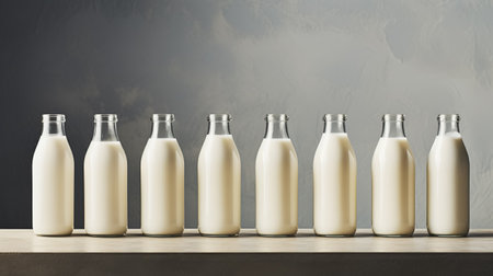 Milk in glass bottles is neatly lined up on a table against a gray background, conveying a simplistic and uniform aesthetic reminiscent of villagecore themes.の素材