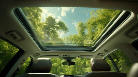 Inside a car, the roof window offers a clear view of the sky and towering trees in a forest setting. The natural light capturing a serene and contemplative moment.の素材