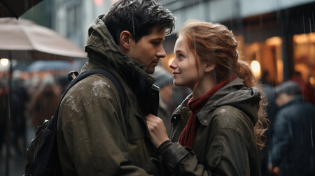 A close-up shot of romantic duo standing on a rainy and windy street, evoking a sense of drama and romance, showing their connection amidst the ambiance of the rain.の素材