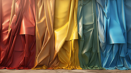 A row of stage curtains in various colors, including red, orange, blue, yellow, and green, are draped elegantly, showcasing folds and a sense of drapery in a theatrical setting.の素材
