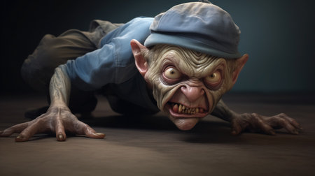 Fantastical snarling creature with oversized ears, a cap, and stretched limbs poised on the floor, displaying a fierce expression in a dimly lit, mysterious atmosphere.の素材