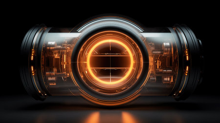 Sleek, futuristic cylindrical structure featuring a luminous orange core and intricate mechanical details, set against a dark backdrop with a subtle reflection on the surface.の素材