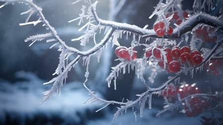 Frost-covered branches cradle a cluster of vibrant red berries against a soft winter backdrop.の素材