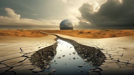 A surreal vision where a cracked desert gives way to a submerged city, leading to a distant planet, all under a dramatic sky suggesting an otherworldly scene.の素材