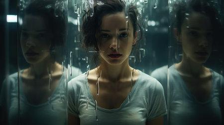 Reflective image of a young woman, surrounded by cascading water droplets, portraying an air of mystique in dimly lit surroundings.の素材
