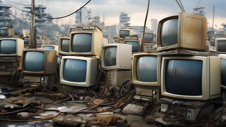 A collection of old-fashioned televisions, with their tangled cords and wires, sit discarded among rubble. The background reveals dilapidated structures in a dystopian cityscape, suggesting a post-apocalyptic world where technology has been abandoned.の素材