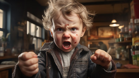 A young toddler, with windswept hair and a few splatters on his face, showcases a fierce expression of anger. He clenches his fists, seemingly ready to throw a tantrum.の素材