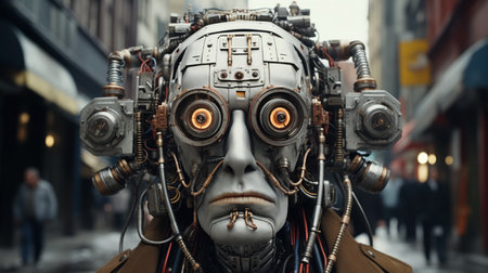 A humanoid cyborg head, featuring orange eyes and complex wiring, juxtaposed against a blurred city street backdrop, highlighting a fusion of man and machine.の素材