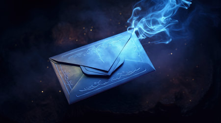 An ornate envelope, aglow with blue light, emits ethereal smoke against a dark, nebulous backdrop.の素材
