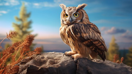 An owl with wide, curious eyes, perched on a textured rock, overlooking serene nature under a soft evening sky.の素材