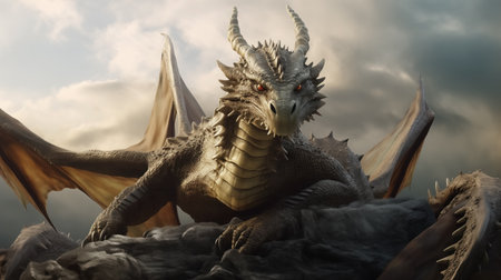 A powerful silver dragon with sharp horns and expansive wings, perched on rugged terrain under a cloudy sky.の素材