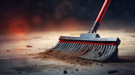 A broom with a red handle sweeps dust and debris, illuminated by ethereal glowing lights, capturing a moment of tidying.の素材