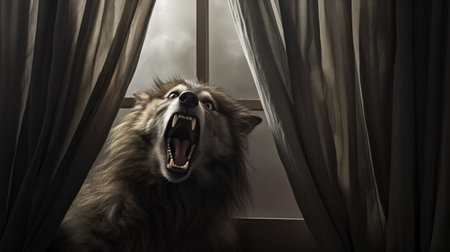 A powerful wolf with open jaws, roaring against the backdrop of flowing curtains and a cloudy window.の素材