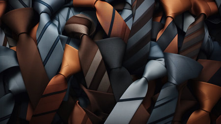 A mesmerizing assortment of ties in shades of blue, brown, and gray, intricately interwoven in a tight cluster.の素材