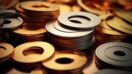 Golden and silver metallic washers in varying sizes, piled up, reflecting soft light.の素材