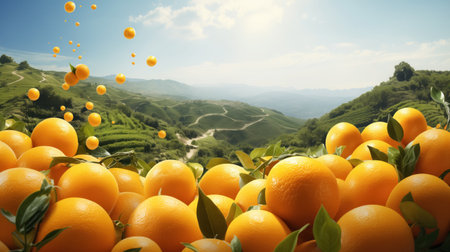 Lush, vibrant oranges glistening with freshness, rising from a serene, sunlit landscape of rolling green hills.の素材