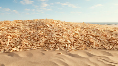 A large mound of sunlit grains contrasts with the soft texture of a sandy beach, horizon and blue sky in the background.の素材