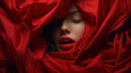 A serene face surrounded by flowing, vibrant red fabric, with striking red lips standing out.の素材