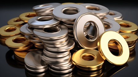 Assorted stacks of metallic washers, alternating between gleaming gold and shining silver, arranged in a heap.の素材