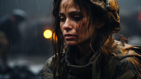 Young woman soldier, rain-soaked and mud-streaked, lost in thought amidst a dimly lit backdrop.の素材