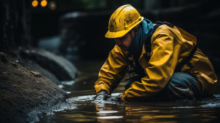 Engaged worker wearing a yellow helmet and dark jacket, intently examining water flow in a dim, wet environment.の素材