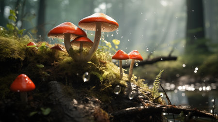 Glistening red mushrooms atop moss-covered wood, bathed in soft sunlight, in a serene forest setting.の素材
