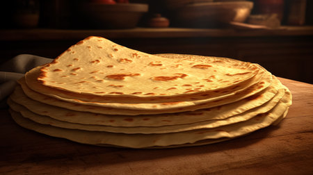 Golden, soft flatbreads stacked high, lit warmly, on a rustic wooden kitchen table.の素材