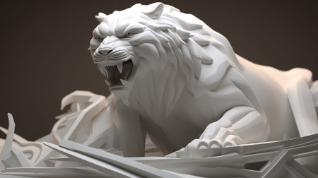 Majestic white lion sculpture, roaring atop tangled elements, exhibiting detailed craftsmanship.の素材