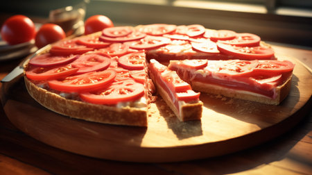 Sunlit tomato tart with layers of creamy spread and meat slices on a crusty base, sliced and resting on a circular wooden board.の素材