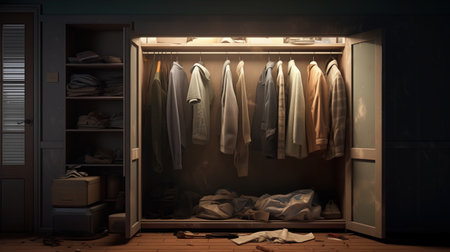 Open closet with hanging shirts, illuminated from within, juxtaposed with a messy floor and side shelves.の素材