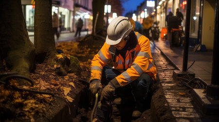 Dedicated worker in bright orange reflective gear and helmet, attentively tending to a task by the city sidewalk at dusk.の素材