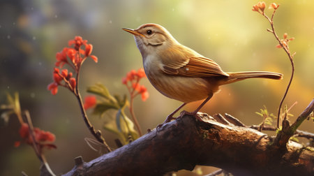 A small bird with brown feathers poised gracefully on a branch amidst red blossoms, with a warm, glowing light filtering through a blurred natural background, evoking a serene, picturesque scene.の素材