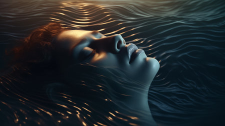 Tranquil visage of a person's face gently floating on dark, rippling waters, bathed in the golden hues of a fading sunset, radiating calmness.の素材