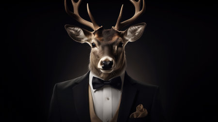 A surreal image of a deer head on a human body dressed in a formal tuxedo, complete with a bow tie and a pocket square, exuding an air of sophistication.の素材