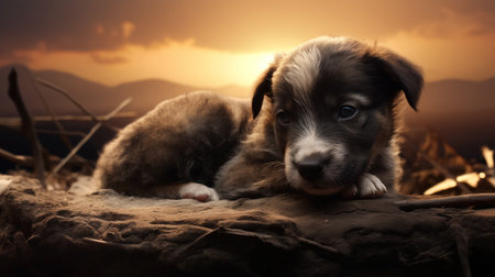 A young puppy lies thoughtfully amidst rough ground, silhouetted by the soft glow of the setting sun that paints the sky with hues of orange and purple.の素材
