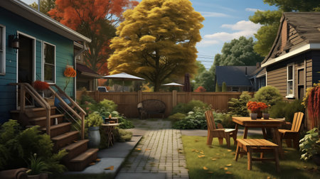 A charming backyard scene with vibrant autumn trees, a neatly paved pathway leading to a wooden patio set, surrounded by lush greenery and cozy homes.の素材