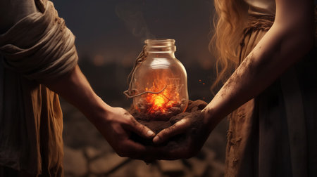 A close-up of two individuals tenderly holding a glass jar emitting a warm, fiery glow with embers, symbolizing warmth and mysticism against a dusky, blurred background.の素材