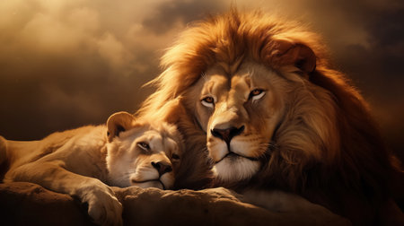 A majestic male lion with a luxurious mane beside lies a tranquil female lioness, their calm repose against the backdrop of an intense sky evokes a sense of peace and power.の素材