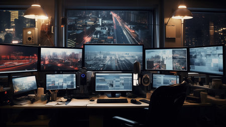 A sophisticated surveillance setup with an array of monitors displaying various angles of a city at night, housed in a room with dim lighting and reflections of the urban skyline in the background.の素材
