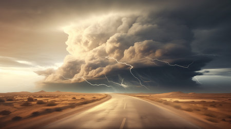 A captivating view of a desert highway leading towards a tumultuous storm, complete with dark clouds and striking lightning, amidst a sunset glow.の素材