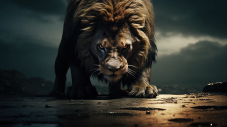 A formidable lion advances, gaze locked and predatory, under a brooding sky that promises a storm, his mane reflecting the imminent threat of nature.の素材