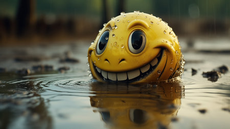 A cheerful yellow emoji ball with a big smile and wide eyes, partially submerged in a puddle with raindrops creating ripples around it.の素材