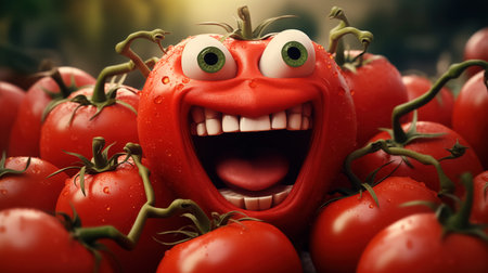 A whimsical tomato with googly eyes and a wide, toothy grin stands out among a bunch of fresh, ripe tomatoes.の素材