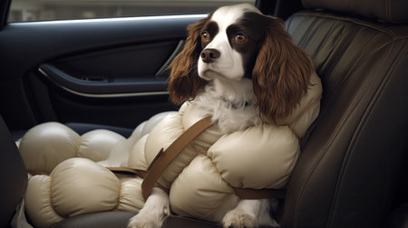Spaniel sits on a car seat, strapped in safely with a seatbelt. The dog looks on with startled eyes.の素材