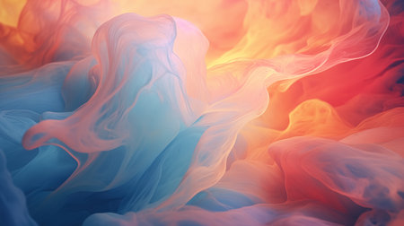 Ethereal swirls of blue and red smoke, intertwining in a dynamic and fluid dance against a soft, warm background.の素材