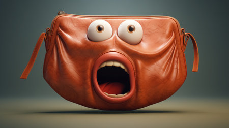 A whimsical animated leather pouch with googly eyes and a wide open mouth appears to be shocked or surprised, set against a muted background.の素材