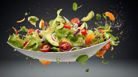 A vibrant salad mid-toss with fresh lettuce, tomatoes, and avocados leaps from a white bowl against a dark background, capturing the motion and freshness.の素材