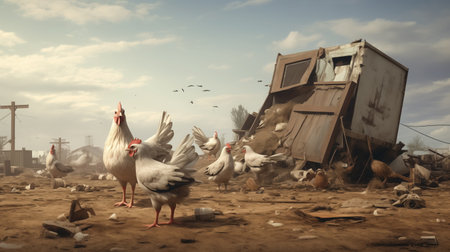 A flock of chickens forages freely among the debris of a junkyard, with a toppled trailer and scattered refuse under a cloudy sky, depicting a desolate yet lively scene.の素材