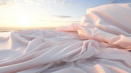 Gentle folds of soft white fabric create a peaceful and dreamy landscape, with the pastel hues of dawn stretching across the horizon in the background.の素材