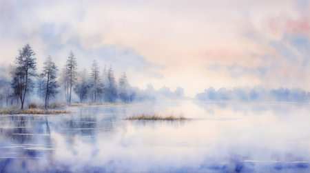 A watercolor of serene lake scene enveloped in morning mist, with silhouettes of trees reflecting on the water under a pastel-colored sky.の素材